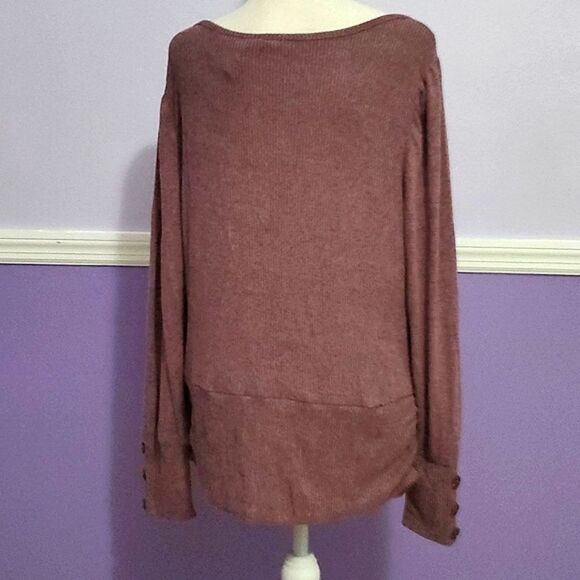 CATO Maroon Pleated Long Sleeve Buttomed Cuffs Ribbed Knit Relaxed Tunic Top - Picture 6 of 13